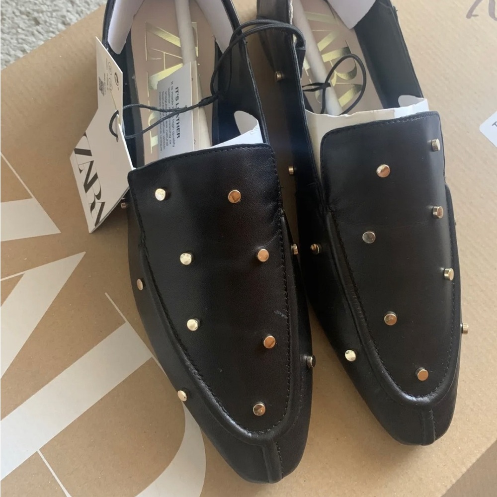 NEW! Zara black leather studded loafers